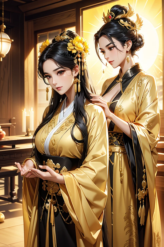 Black Hair, Immortal, Beauty, Royal sister, Stepmother, Gold Yellow Taoist robe, Golden Phoenix Coronet, Hair Bunch, Beautifulbreasts, Mature Woman，Sunshine