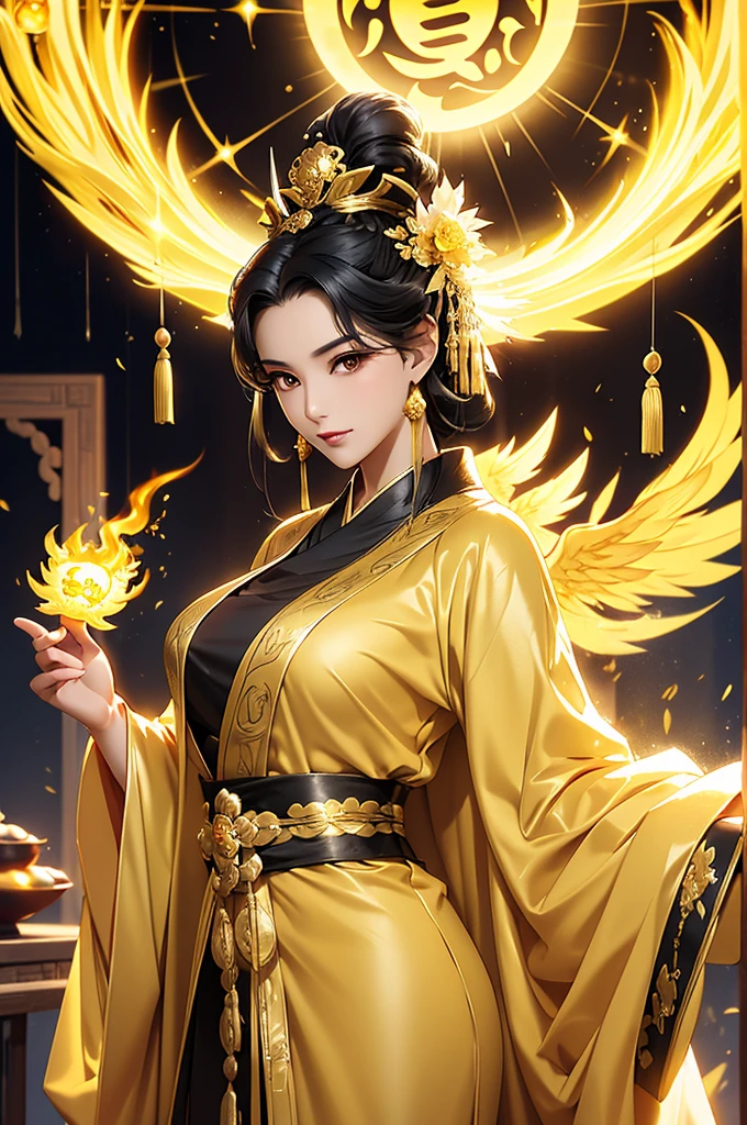 Black Hair, Immortal, Beauty, Royal sister, Stepmother, Gold Yellow Taoist robe, Golden Phoenix Coronet, Hair Bunch, Beautifulbreasts, Mature Woman，Sunshine