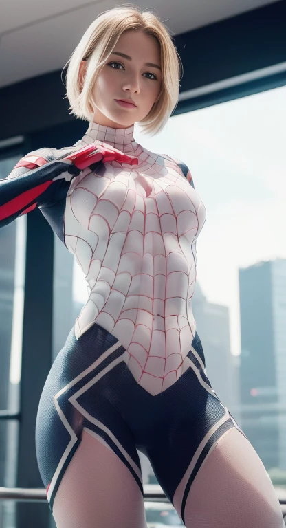 (One girl: 1.3), alone, beautiful face, (((extremely Detailed face))),(((extremely Detailed face and eyes)),beautiful detailed eyes, Body parts__, Official Art, 8k unified wallpaper, Very detailedな, beautiful and aesthetic, beautiful, masterpiece, 最high quality, born, masterpiece, Ultra-thin photo, 最high quality, Ultra-high resolution, Photorealistic realism, sunlight, Full body portrait, Great beauty, short blonde haircut, Dynamic pose, Delicate face, Bright blue eyes, (from the front), She is wearing a nylon outfit (inspired by Spiderman costume), Cosplay ('/snow/'), red, Transparent white and black color scheme, Top floor of a skyscraper, Very detailed, Detailed face, Detailed, intricate and busy background, Messy, beautiful, milky, Very detailedな肌, Realistic skin detail, Visible pores, Sharp focus, Volume Mist, 8k Ultra HD, Digital SLR, high quality, Film Grain, Fair skin, Photorealism, Lomography, Future dystopian megacity, View from below, translucent,(slender body:1.1),((Abdominal muscles：1.2)）,((Muscular:1.2))
