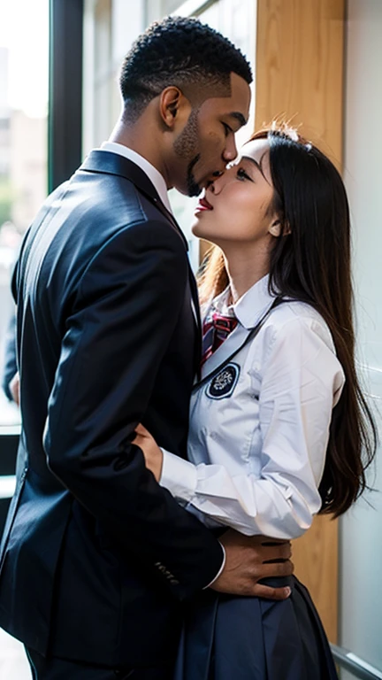 16 year old girl wearing uniform, kisses black man bf at school