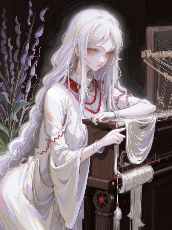 Weaver, Weaver girl, Dressed in white silk clothes, platinumblonde hair, Red eyes, Weaving machine, A girl weaving cloth on a loom