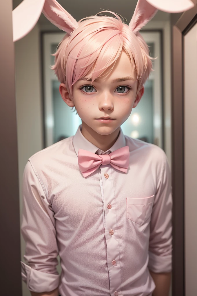 1boy, male, cute face, innocent face, bunny ears, blonde hair, pink hair, short hair, neat hair, bow tie, thin body, sexy