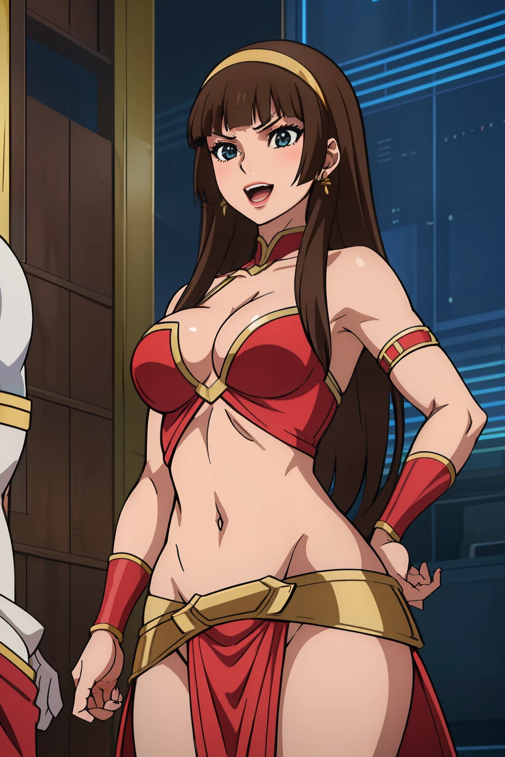 brown hair,long hair,yumi sayaka,  blush, lipstick, Hot girl, baddie, staring, glaring, bad attitude, mean girl, crazy, smoking, sensual, attractive, jewelry, earrings, masterpiece, best quality, highly detailed, fantasy , a anime girls in armored dress holding a sword
posing for a picture, evil smile, smile, open mouth, breastplate with open cleavage, cleavage, warrior
outfit, ecchi anime style, anime girls, ecchi style, (nsfw) not safe for work, ecchi, digital anime art!!, in
anime style, official artwork, visual novel cg, beautiful anime girl, anime style 4 k , loincloth, exposed
belly, exposed navel, exposed midriff, exposed lower belly, pencil skirt armored, castle,inside castle