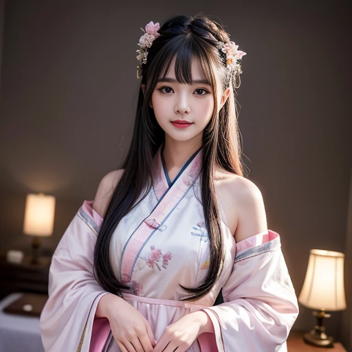 best quality, Delicate face,beautiful visual work, lifelike, eternity, black hair, Long curly hair, blunt bangs, Smile, Detailed Background, Delicate face,blush,cold,((masterpiece))、(top quality)、8k、high detail、Super detailed,21 years old female,身穿唐制Hanfu、waist skirt, Clothes are light and fluffy,Hanfu, wide sleeves, Tunic, Clothes made of chiffon, Seductive and whimsical style、masterpiece、born、Scenes resembling fairy tale illustrations、intricate details和複雜的設計、Beautifully、magic、capricious、 Beautifully、Dream aesthetics、「𝓡𝓸𝓶𝓪𝓷𝓽𝓲𝓬、ethereal、charming、fickle、magic」、realism、Visual effects、FXAA、SSAO、Shader、voiceless、ambient lighting、Tone mapping、High resolution、Ultra high quality、Million pixels、(8K resolution:1.10)、8k、8k以下、8K resolution、high detail、intricate details, (high quality:1.2、masterpiece:1.2、:1.21)、(21 years old female:1.21)、(興奮地Smile)、(被dream般的氛圍所包圍、Model diagram,full-body shot,Normal 2 feet,Cross your hands and hide them in your sleeves,The protrusion of the breast is visible when wearing clothes, Large Breasts, H cup chest, antiquity, Xian Xia, gauze clothes, Soft and fluttering, Fairy, dream, fantasy, light, Elegant, nature, Immortal, light purple clothes, indoor