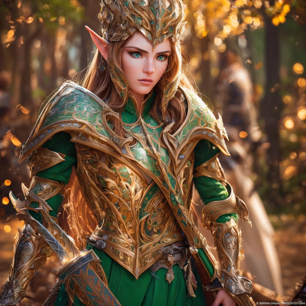 A highly detailed, cinematic portrait of a wood elf paladin, standing with a long sword in both hands, wearing a tight, smooth suit of armor, with light green skin, in the style of Baldur's Gate and Dungeons & Dragons, (best quality,4k,8k,highres,masterpiece:1.2),ultra-detailed,(realistic,photorealistic,photo-realistic:1.37),extremely detailed face and eyes,beautiful detailed lips,extremely intricate armor,ornate sword,dramatic lighting,cinematic composition,deep forest background,warm color tones,glowing energy effects