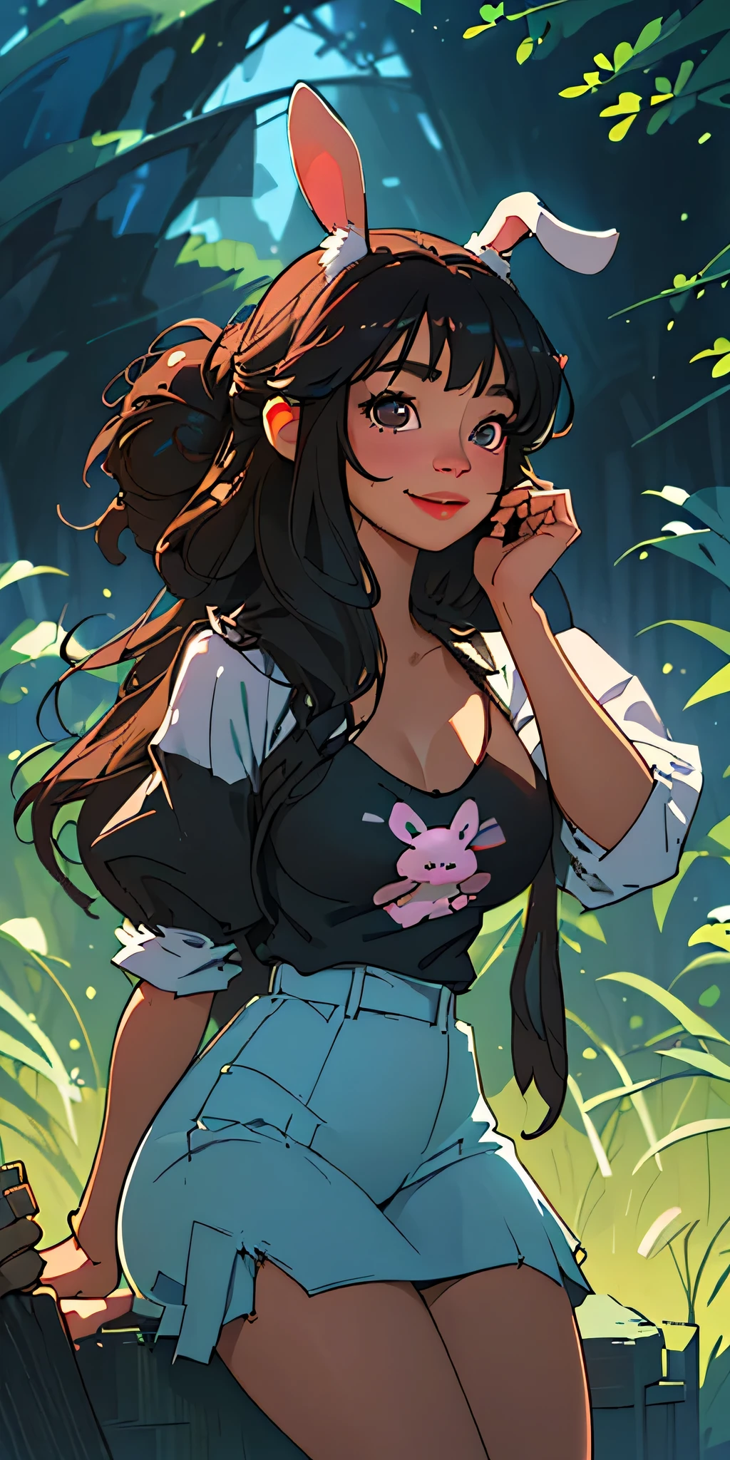 (best quality,4k,8k,highres,masterpiece:1.2),ultra-detailed,(realistic,photorealistic,photo-realistic:1.37),1girl,black woman,african-americandark brown skin,black eyes,curvy body,shy,smile,big t-shirt,shorts,black hair,blush,looking up at viewer,tall bunny ears,fluffy bunny tail,digital painting,highly detailed,intricate details,vibrant colors,soft lighting,cute,adorable,fantasy,magical realism