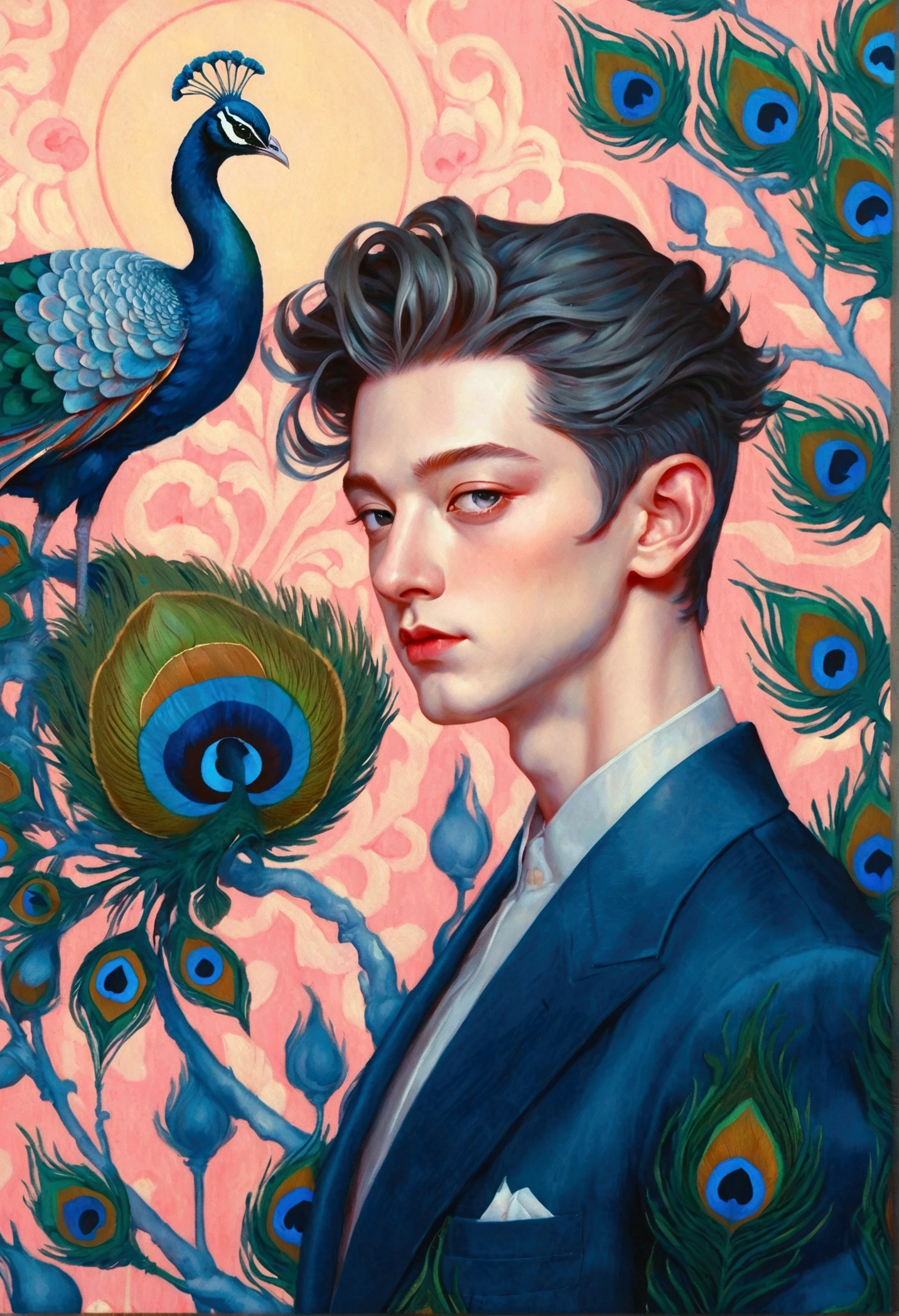 Pastel Art：A painting by Alafid，The painting shows a handsome man and a peacock, James Jean style, James Jean andrei riabovitchev, James Jean and wlop, James Jean soft light 4k, James Jean soft light 4 k, James Jean marc, style of James Jean, James Jean art, James Jean artwork, James Jean ”, James Jean!