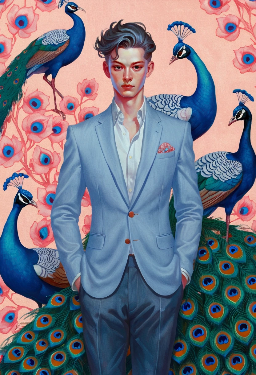 Pastel Art：A painting by Alafid，The painting shows a handsome man and a peacock, James Jean style, James Jean andrei riabovitchev, James Jean and wlop, James Jean soft light 4k, James Jean soft light 4 k, James Jean marc, style of James Jean, James Jean art, James Jean artwork, James Jean ”, James Jean!