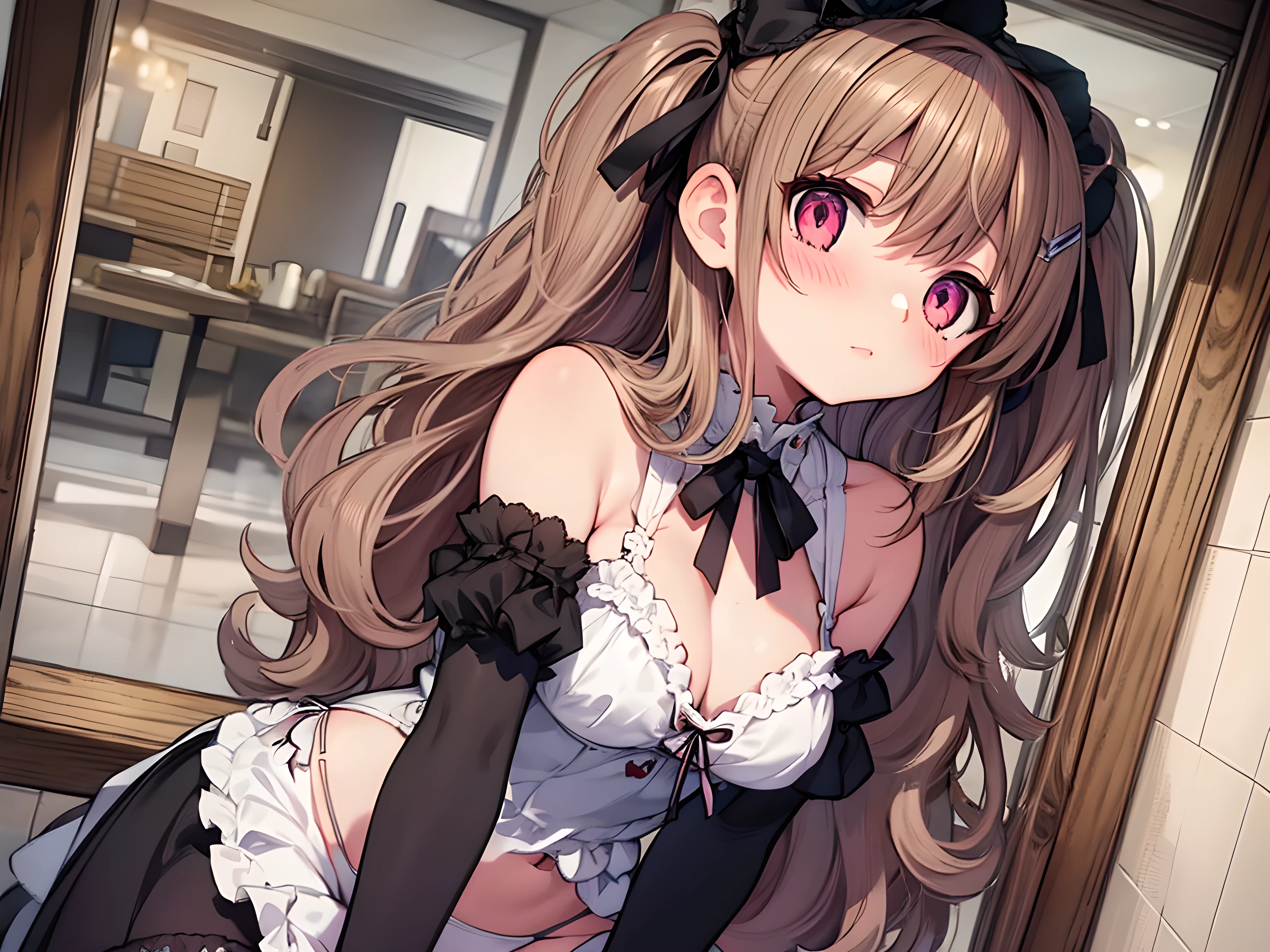 masterpiece, Highest quality, Very detailed, One girl, evaluation: Sensitive, ((Gothic Lolita Fashion, Black clothes, Frills)), ((Change of clothes, Open clothes, Unfinished garment, White bra, White panties)), (((, Pink Eyes, Cute eyes, Highlight Eyes:1.2, Very cute face, Hair Ribbon, Detailed Hair, Light brown hair, Long, thick, wavy twin tails:1.2, bangs, Medium chest, blush:1.3, shy:1.2, Lips parted))), ((Cowboy Shot)), Flip up the skirt、Nipples、I can see the boobs
