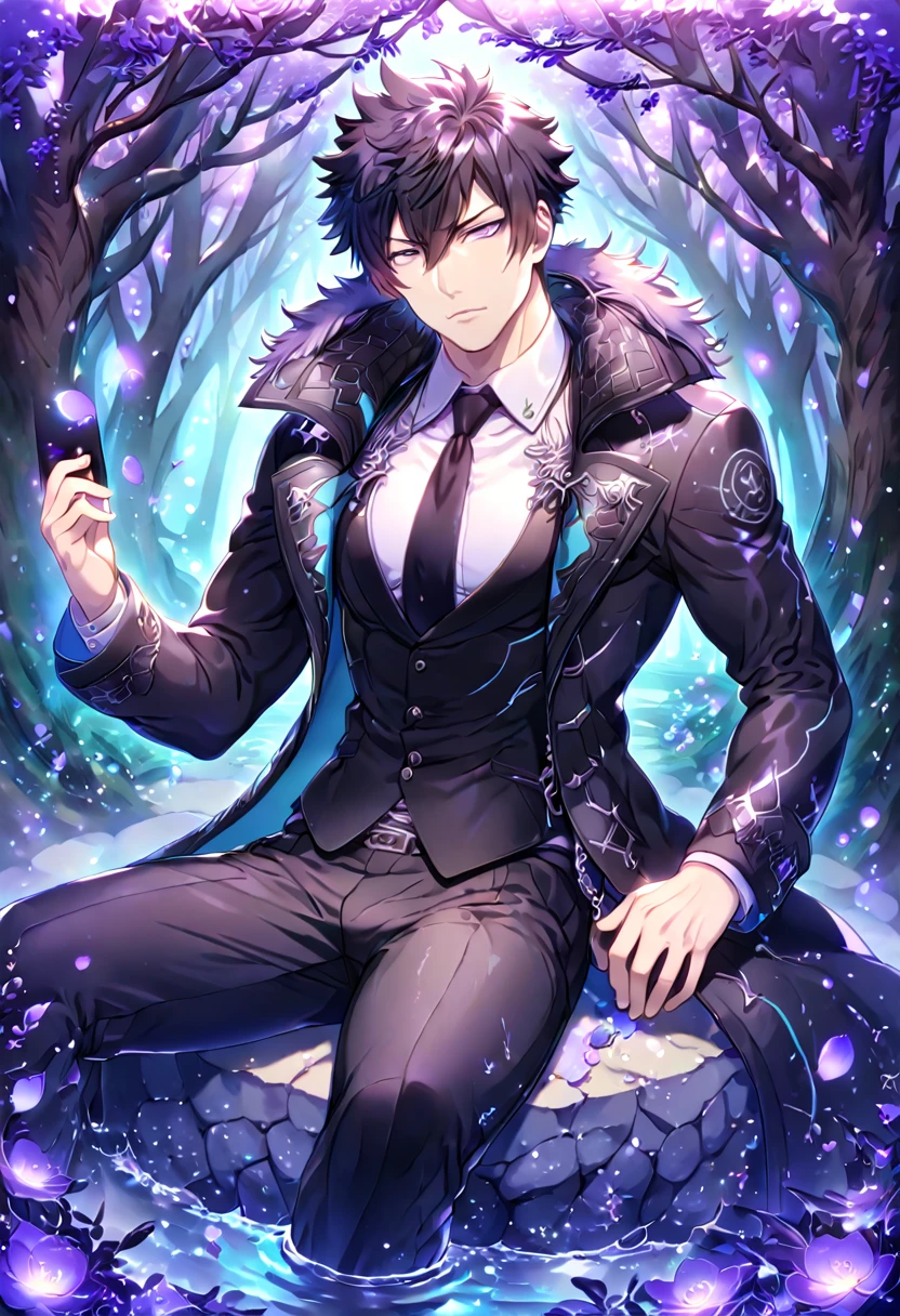 Ultra detailed, HDR, Highres, absurdres, master piece, Kougami Shinya, black hair, expressive gray eyes, black coat with a fur collar, black necktie, white shirt, black pants, Psycho Pass, sexy man sitting, handsome, purple flowers, petals, fantasy, magical, purple leaves, handsome, best quality, glittering, manly man, sensual, horny, water, purple shining fireflies,