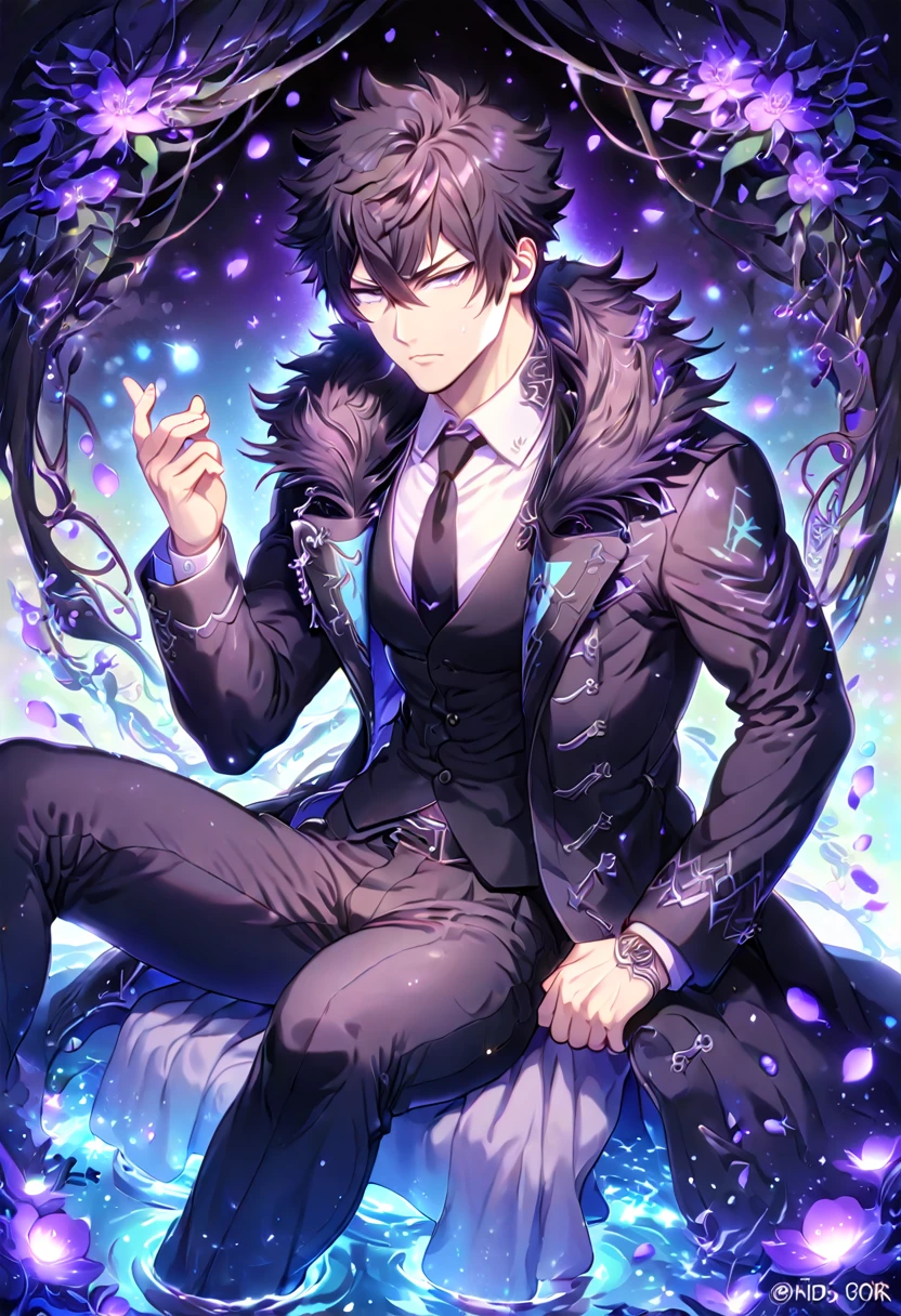 Ultra detailed, HDR, Highres, absurdres, master piece, Kougami Shinya, black hair, expressive gray eyes, black coat with a fur collar, black necktie, white shirt, black pants, Psycho Pass, sexy man sitting, handsome, purple flowers, petals, fantasy, magical, purple leaves, handsome, best quality, glittering, manly man, sensual, horny, water, purple shining fireflies,