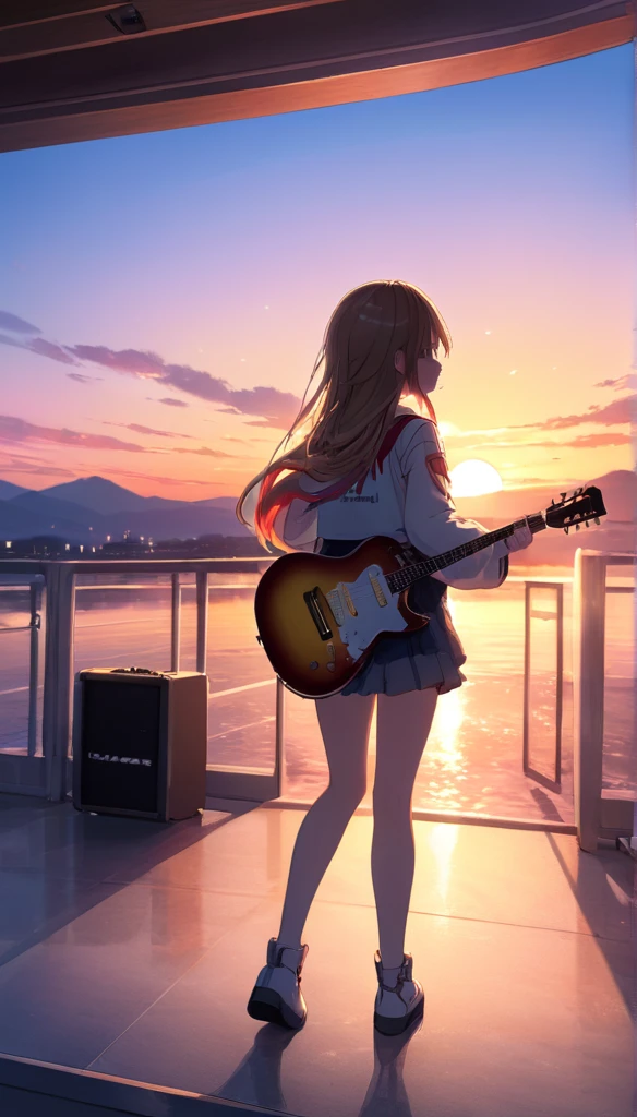 High resolution、high quality、colorful、animation、Rear View、I have a guitar、One girl, Light sound、Anime Style, Emotional、Sunset