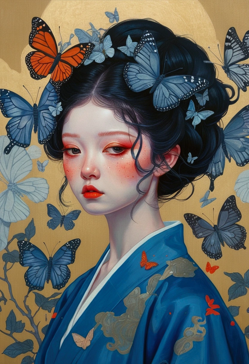 There is a woman in the painting，There are butterflies and eyes on the head, james jean 和 wlop, Japanese pop surrealism, Loish |, yanjun chengt, James Jean Andre Ryabovich, James Jean (James Jean) of inspiration, inspired by Yanjun Cheng, Beeple 和 Jeremiah Ketner, Juster Battle, By Martin Johanna, inspired By Martin Johanna