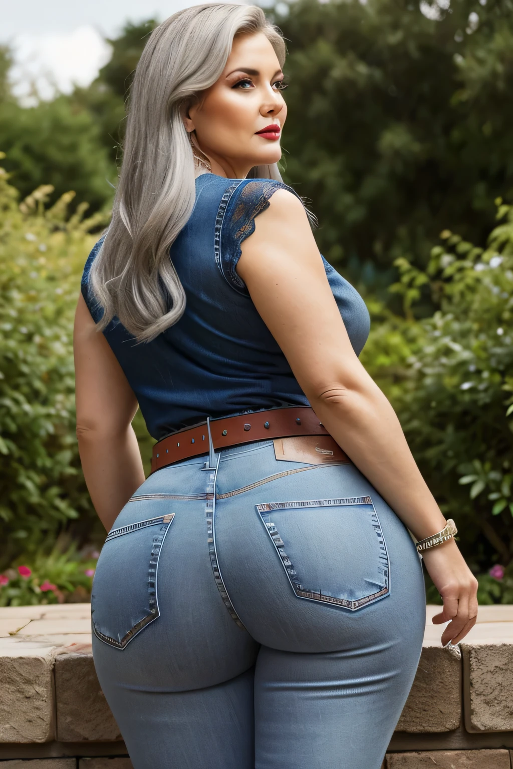 fat, a beautiful 70 year old woman, (tires), ((wears a beautiful DENIM Jeans with lace)), realisti, pummelig, smooth face, perfect eyes, symmetrical, 8K high resolution, insanely detailed, complicated, elegant, Art by David Kostic and Stanley Lau and Artgerm, perfect skin, BEAUTIFULLY TIMELESS, fat, tires, (huge breasts:0.8), (grey hair), necklaces, bracelet, lipstick, Background Garden, Beautiful thighs, is, old, belt, side view. shows her ass. Showing ass. Big ass. In Kitchen. String Tanga.