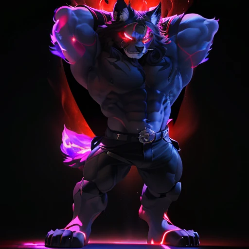 black lynx cat, 4k, high resolution, best quality, posted on e621, solo, anthro body, male, adult, very masculine, red chest hair, red eyebrows, long mane, long black hair, blue eyes, red whiskers, red armpit hair, (very muscular, lats, pectorals:1.2), bare stomach, (no background, black background, red flames:1.2), (by wfa:0.8), (by negger:0.8), (detailed eyes, blue eyes, evil eyes, looking at camera:1.1), (correct anatomy, cartoony proportions, big head:1.1), (photorealistic shading, detailed cgi, 3D render, pixar, detailed:1.2), serious eyes, red chest hair, red eyebrows, long mane, long black hair, blue eyes, red whiskers, red armpit hair, smile, (black pants, red shorts, shorts, blue eyes in darkness:1.2), belt, (dramatic lighting, glow, darkness:1.4), (full body, feet:1.2), (hands behind head, arms behind head:1.2)