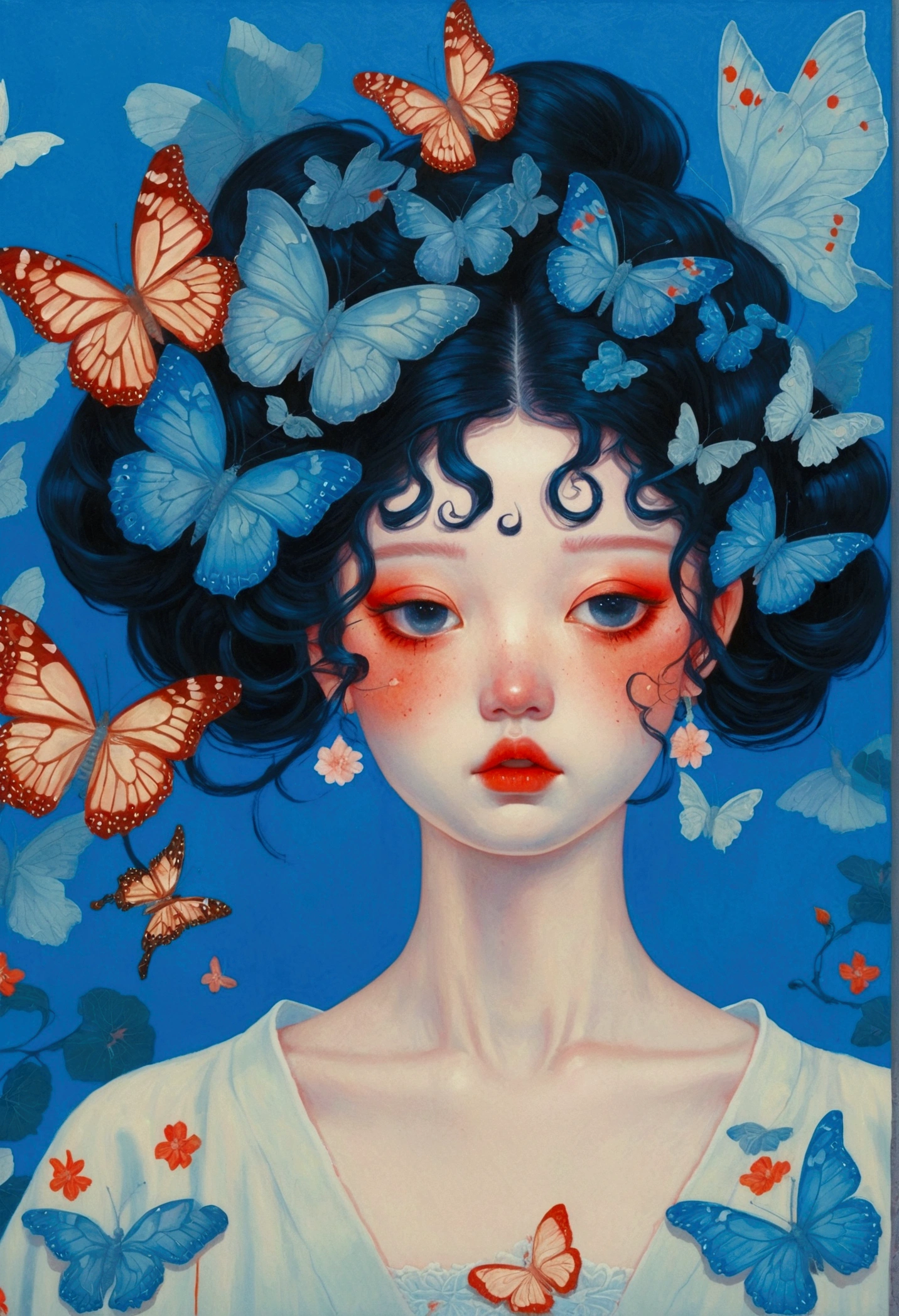 There is a woman in the painting，There are butterflies and eyes on the head, James Jean (James Jean) Inspired by the extremely detailed, Popular on artstation, Pop surrealism, james jean 和 wlop, japanese Pop surrealism, Loish |, James Jean Andre Ryabovich, yanjun chengt, Beeple 和 Jeremiah Ketner, Juster Battle