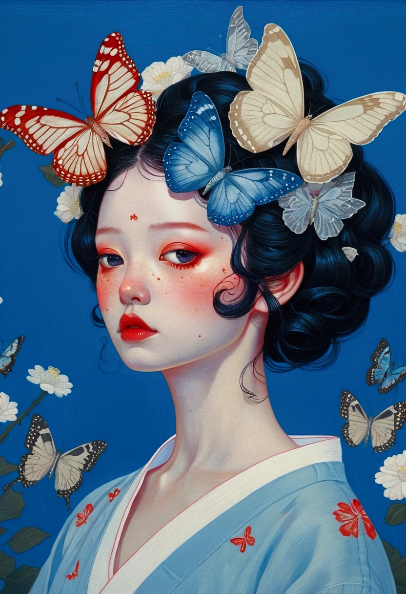 There is a woman in the painting，There are butterflies and eyes on the head, James Jean (James Jean) Inspired by the extremely detailed, Popular on artstation, Pop surrealism, james jean 和 wlop, japanese Pop surrealism, Loish |, James Jean Andre Ryabovich, yanjun chengt, Beeple 和 Jeremiah Ketner, Juster Battle