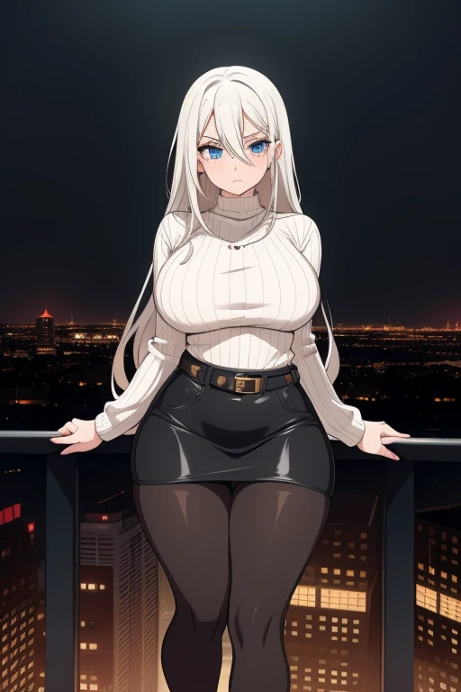 20 year old woman, busty, bubble butt, hourglass figure, skinny, blushing, frustrated expression, horny, seductive, platinum hair, long hair, wavy hair, wearing white sweater, ribbed sweater, black pencil skirt, belt, tights, heeled boots, tight fitting clothing, middrift, cleavage, anime, city at night, outside, punk, punk style, punk hair, doujin style, manga, flat colours