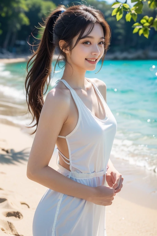 (A beautiful and delicate-eyed girl with a long ponytail, standing on a beach with gentle waves and warm sunlight, her joyful expression capturing the carefree atmosphere and vibrant colors of a summer's day, masterpiece, 4k, 8k, high resolution, ultra-detailed, photorealistic, painting, sfw)