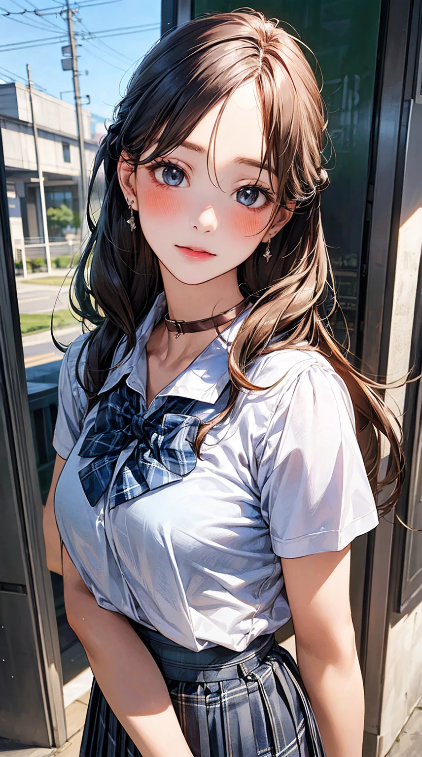 (masterpiece:1.2, top quality), (realistic, photorealistic:1.4), beautiful picture, 
looking at viewer, whole body, front view:0.6, 
1 girl, Japanese, high school girl, (long hair:1.5), blown hair, (half up, half updo), forehead, hair between eyes, big bust:0.8, 
beautiful hair, beautiful face, beautiful and delicate eyes, beautiful collarbone, beautiful body, beautiful breasts, beautiful thighs, beautiful bridge, beautiful fingers, 
(beautiful scenery), , school,
((collar short sleeve shirt, white shirt, school uniform, gray plaid pleated skirt, blue plaid bow tie)), white panties, 
(standing, , lift up skirt, hold the hem of the skirt, place one&#39;s hand on one&#39;s heart, hands between legs), 
blush, ,