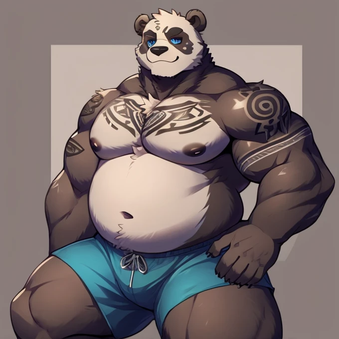 Bye Solo, man, panda. Incipient Cyerpo, gray arms , thick legs, panza, stomach. square lenses, blue eyes. tattoos, circular tattoos, chest tattoos, tattoos on the oectorals. blue shorts.