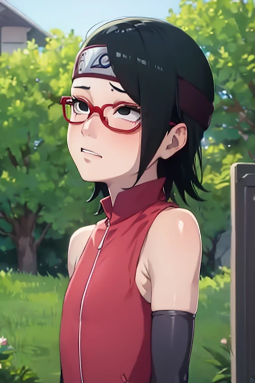 anime screencap, sarada uchiha, sarada, 1girl,solo, black hair, short hair, black eyes,small breasts,armpits,wet armpits, showing wet armpits, armpit,armpits,sweat,sweaty,sweaty armpits,awesome armpits,tired,exhausted,arms up,red rimmed glasses,blackish arm warmers