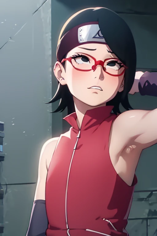 anime screencap, sarada uchiha, sarada, 1girl,solo, wavy black hair, wavy short hair, wavy hair, wavy hairstyle, black eyes,small breasts,armpits,wet armpits, showing wet armpits, armpit,armpits,sweat,sweaty,sweaty armpits,awesome armpits,tired,exhausted,arms up,red rimmed glasses,blackish arm warmers