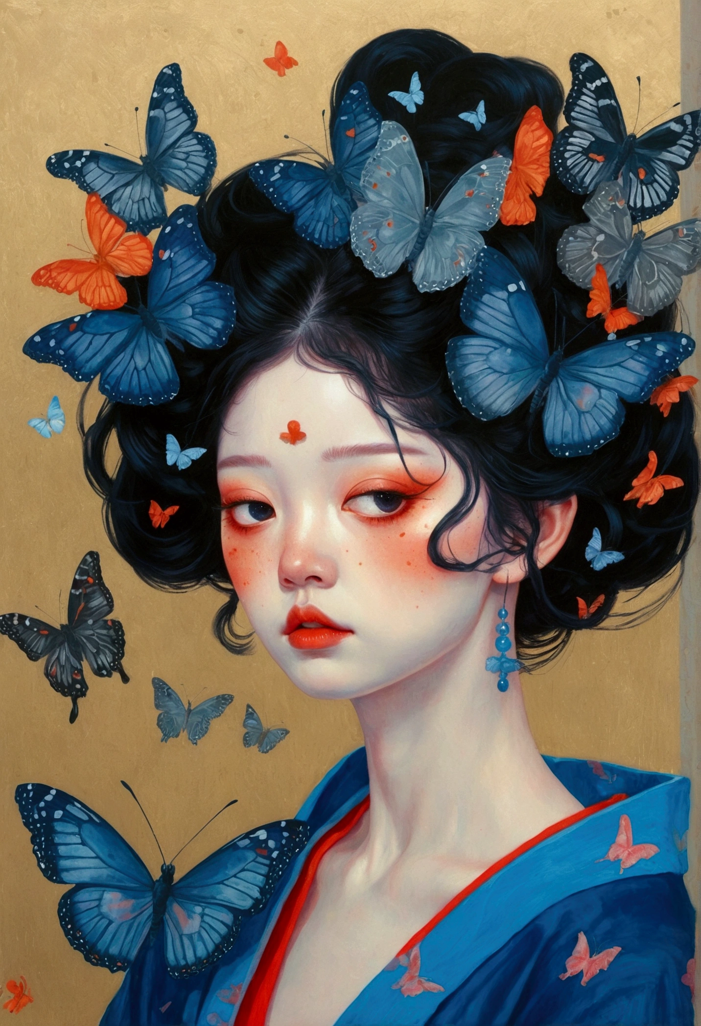 There is a woman in the painting,There are many butterflies with eyes on their heads, james jean 和 wlop, Japanese pop surrealism, Loish |, yanjun chengt, James Jean Andre Ryabovich, James Jean (James Jean) of inspiration, inspired by Yanjun Cheng, Beeple 和 Jeremiah Ketner, Juster Battle, By Martin Johanna, inspired By Martin Johanna