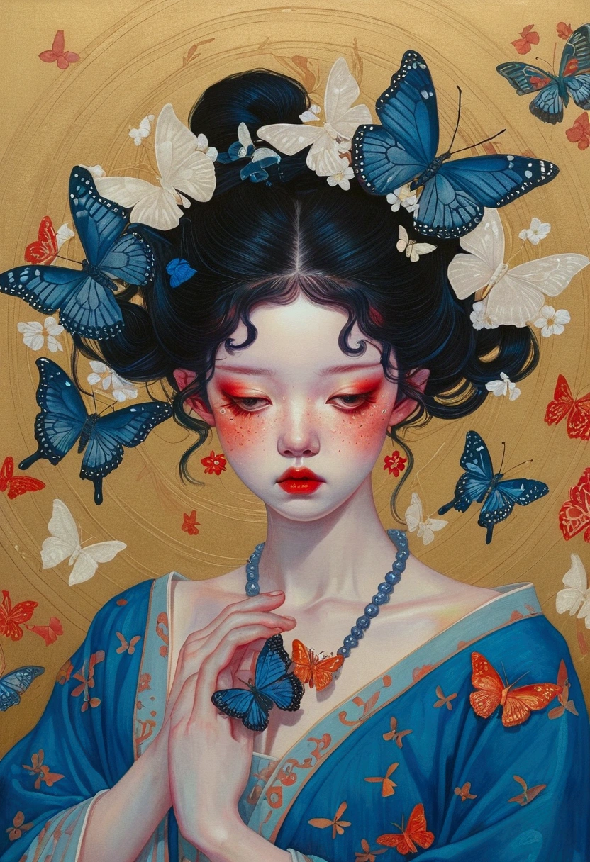 There is a woman in the painting,There are many butterflies with eyes on their heads, james jean 和 wlop, Japanese pop surrealism, Loish |, yanjun chengt, James Jean Andre Ryabovich, James Jean (James Jean) of inspiration, inspired by Yanjun Cheng, Beeple 和 Jeremiah Ketner, Juster Battle, By Martin Johanna, inspired By Martin Johanna