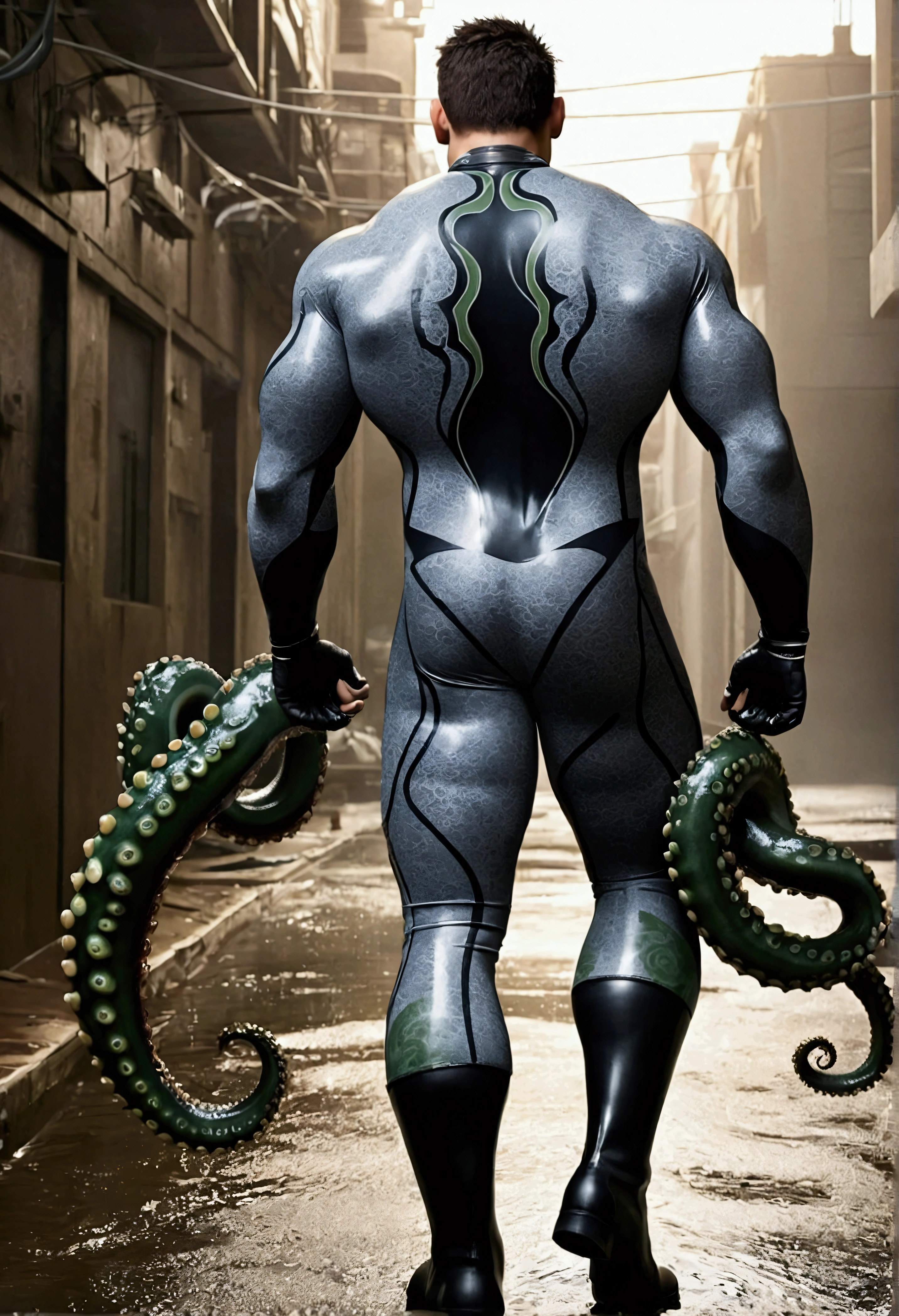 High target, Huge breasts, Muscular man with his back to the camera，High target back and round buttocks，Light gray long sleeve camouflage uniform，role conception（Resident Evil - Chris Redfield，Chris Redfield）Wearing a light gray camouflage wetsuit，His ass is big and curvy，Tightly entangled by the thick octopus tentacles，Regular symmetrical texture pattern，Standing with his back to the street with octopus tentacles, Lots of slime octopuses and sludge，Male heroes，Heroic masculine pose，High target and burly，muscular！Attractive leg muscles，High target, Burly, And powerful， Wearing a light gray camouflage wetsuit， Super Buff and Coolness， High Resolution Committee， Big feet in black boots，Charismatic strongman，The bright sunshine shines on me，Matte particles，Shiny texture