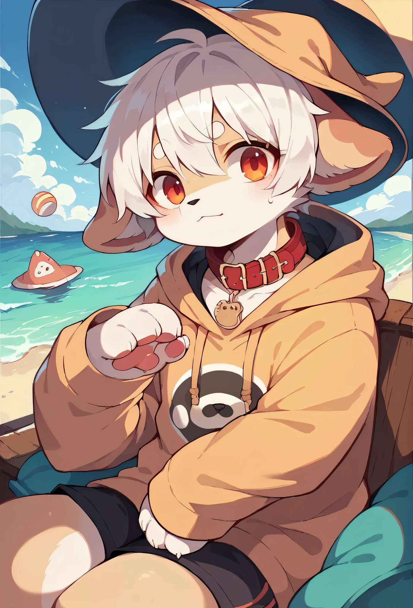 Chihuahua fur,white hair,)cry,Paw Clothes,hoodie clothes,dog,Wizard,Dropped ears,summer,Ocean,My name is Raiju,Red collar