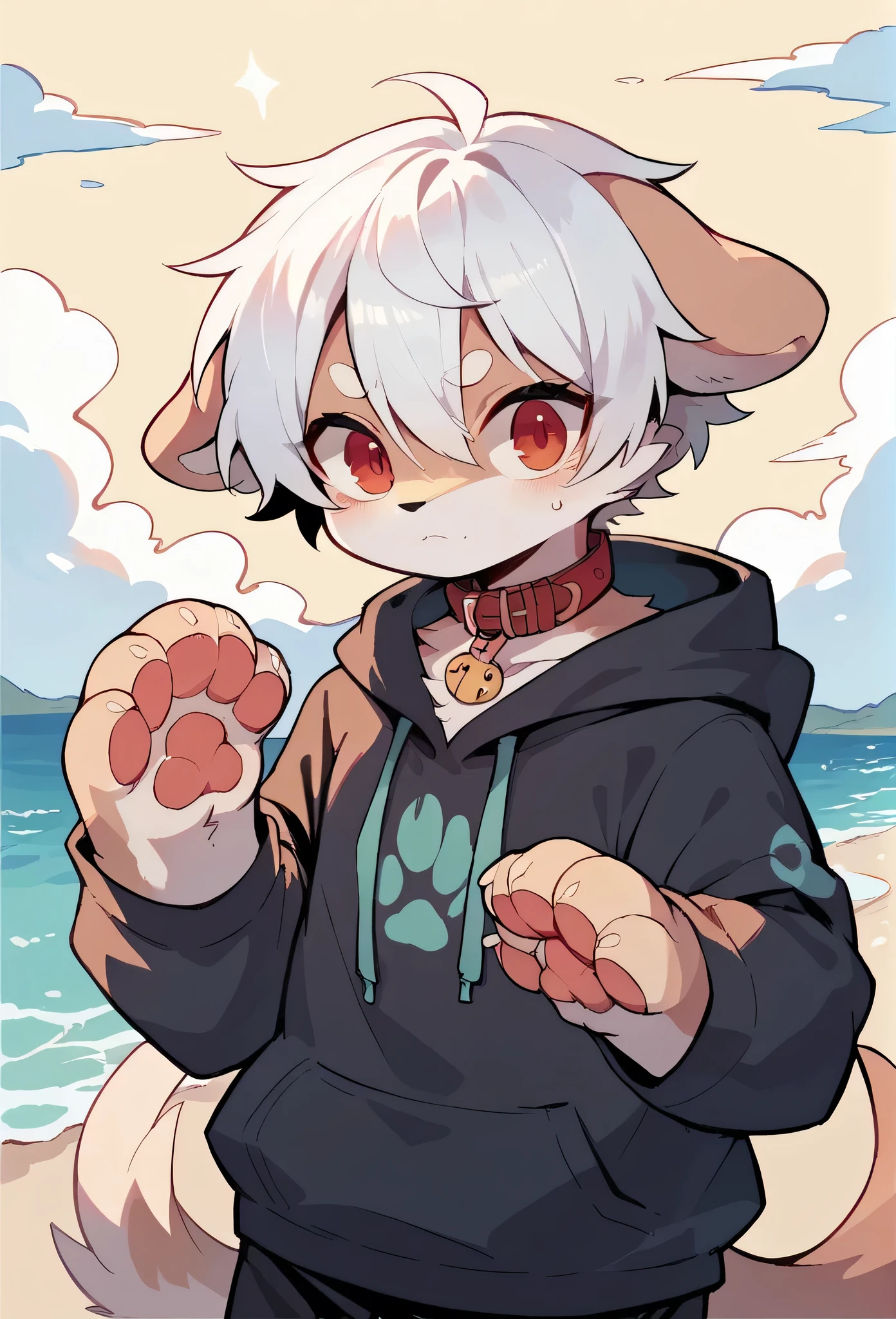 Chihuahua fur,white hair,)cry,Paw Clothes,hoodie clothes,dog,Wizard,Dropped ears,summer,Ocean,My name is Raiju,Red collar