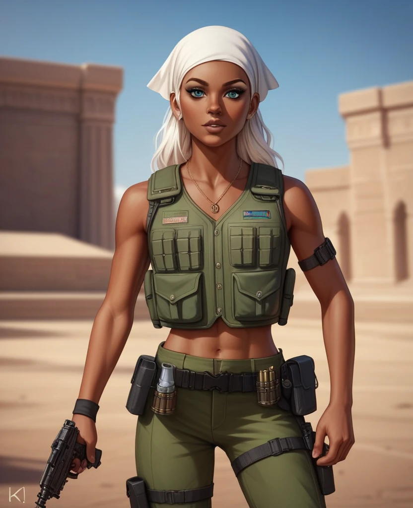 ((best quality)), ((masterpiece)), (detailed), 1girl, mixed race girl, African American + Caucasian girl with lighter skin, young woman, pretty, skinny, white hair, modern attire, modest, head scarf, long hair, hair tied in the back, bullet proof vest, tactical attire, civillian in kevlar vest, black kevlar, princess