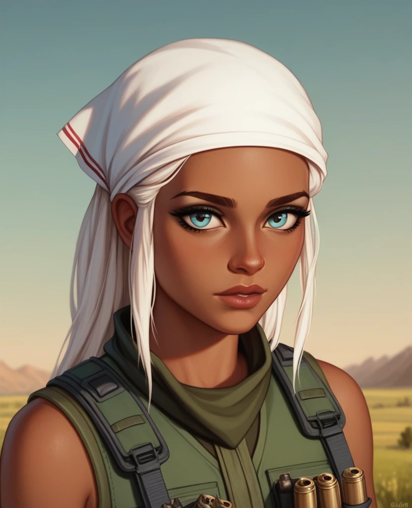 ((best quality)), ((masterpiece)), (detailed), 1girl, mixed race girl, African American + Caucasian girl with lighter skin, young woman, pretty, skinny, white hair, modern attire, modest, head scarf, long hair, hair tied in the back, bullet proof vest, tactical attire, civillian in kevlar vest, black kevlar, princess