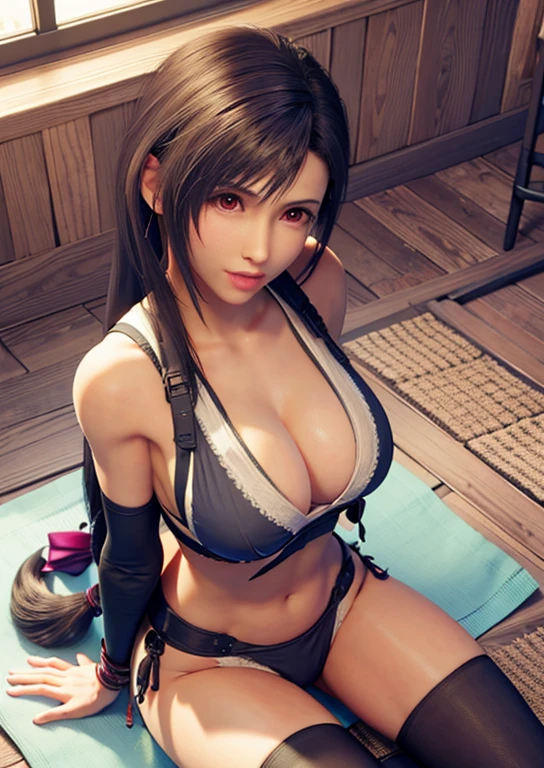 FF7,Tifa,Lie down on the bar counter,Looking at this,((View your viewers)),From above,Purple Lingerie,Black Hair,((Long Hair:1.7)),Tie it under your hair,Beautiful image quality 32K,Sleep on your back,Spread your legs,Transparent underwear,Red Eyes,Big Breasts,誘うような目でLooking at this,