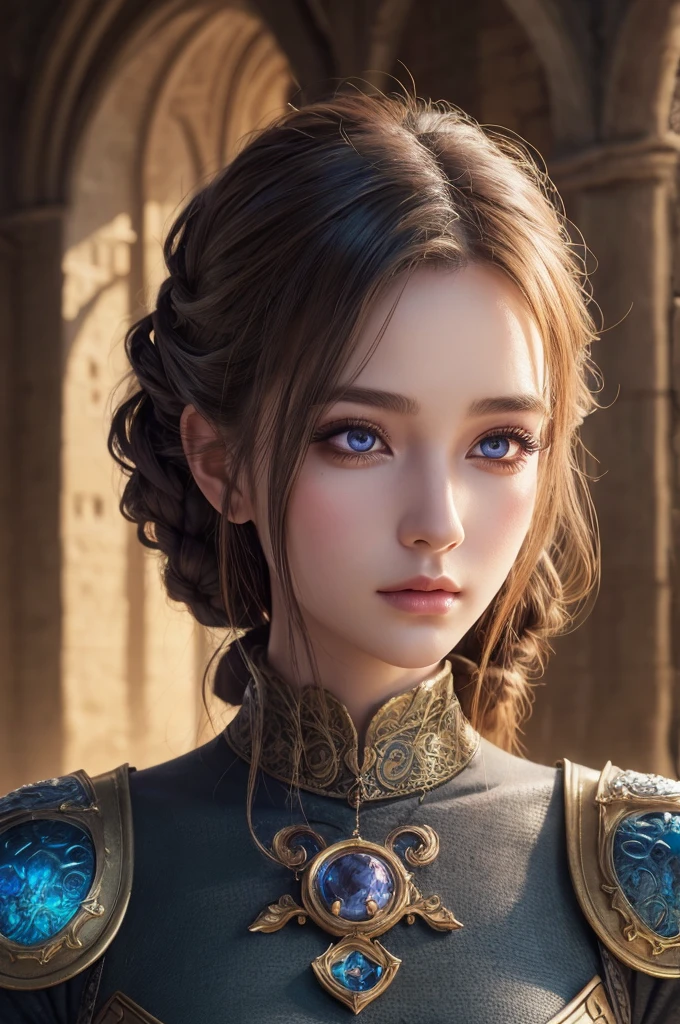 a 20 years old girl,dragonquest sage,beautiful detailed eyes,beautiful detailed lips,extremely detailed face and eyes,long eyelashes,fantasy,medieval,magic,medieval castle,landscape,art,digital painting,cinematic lighting,vibrant colors,dramatic lighting,realistic,photogenic,masterpiece,4k,best quality