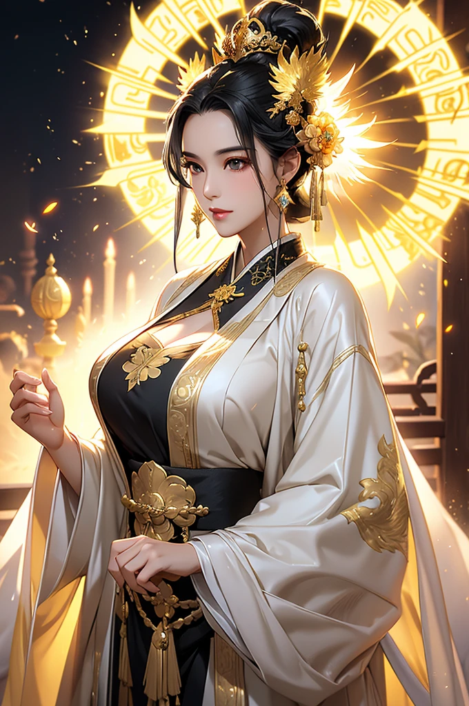 Black Hair, Immortal, Beauty, Royal sister, Stepmother, Gold White Taoist robe, Golden Phoenix Coronet, Hair Bunch, Big Breasts , Mature Woman，Sunshine