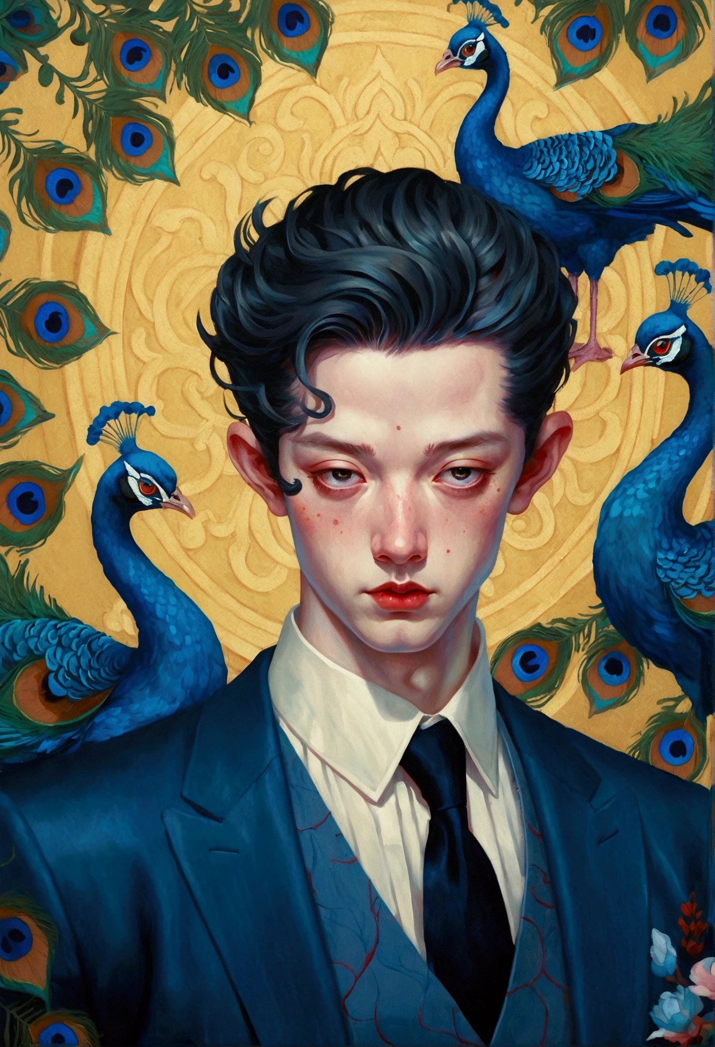 A painting by Alafid，There is a portrait of a man in the painting，With a peacock&#39;s tail and eyes,symmetry， James Jean style, James Jean andrei riabovitchev, James Jean and wlop, James Jean soft light 4k, James Jean soft light 4 k, James Jean marc, style of James Jean, James Jean art, James Jean artwork, James Jean ”, James Jean!