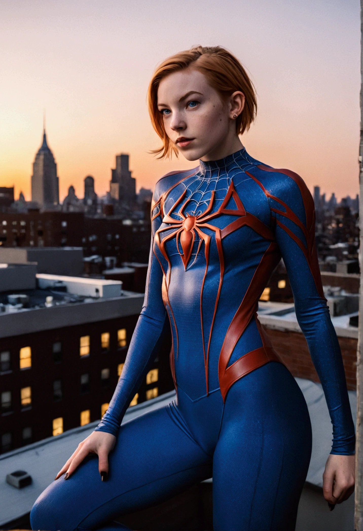 analog film photo, photo of a teen superheroine, female, punk undercut, freckled complexion, blue eyes, facial piercings, pretty, natural beauty, tall, full hourglass figure, athletic, long legs, thick thighs, big butt, wearing a skintight bodysuit, posing on a Manhattan rooftop, nighttime, resembles Gwen Stacy from Into the Spider-Verse, RAW Photograph, dslr, soft lighting, high quality, film grain, Fujifilm XT3, detailed skin with visible pores, insane details, masterpiece, 8k, 35mm photograph, dslr, kodachrome, faded film, desaturated, grainy, vintage, Lomography, stained, highly detailed, found footage, close-up shot, elven ears