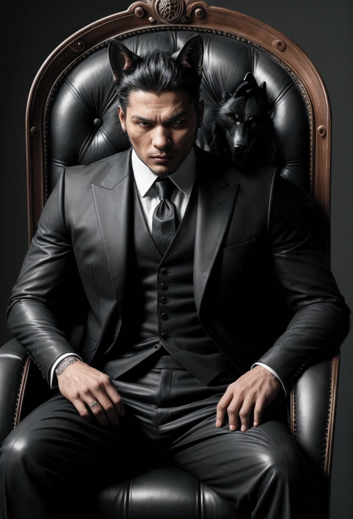 This is a gangster with a wolf&#39;s head and a human body.，He was wearing a neat black suit.，Sitting in a black leather chair，Domineering