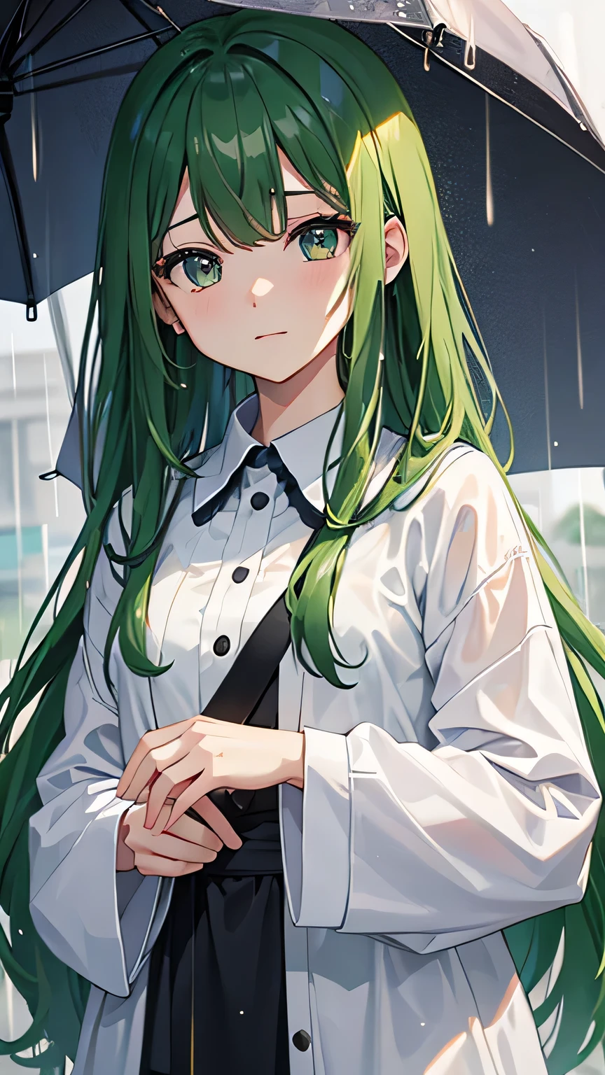 high resolution、high quality、Straight face、woman、outside、rain、豪rain、Wet clothes、looking at the camera、Green Hair