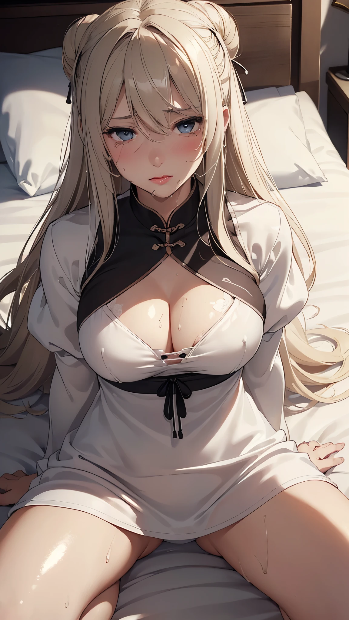 (masterpiece: 1.3), (Maximum resolution: 1.2), (Ultra HD TV: 1.2), Cinematic Light, 8k resolution, Detailed facial features , (Sharp focus: 1.2), (Focus on the face:1.2),Perfect Style, Beautiful Face, Acura, Anatomically correct, Highly detailed face and skin texture, Beautiful Eyes,Beautiful Eyes, Thin eyebrows, Natural Cheeks, Glowing Skin, Fair skin: 1.2, (Glossy Lips: 1.4),、 (Embarrassed look: 1.2),Highly detailed face and skin texture, Natural Cheeks, , Glossy Lips: 1.4,Perfect Style、Cleavage、Soft Breasts、(Semen on chest:1.4)(Cum on thighs 1.2)、 Sperm on tongue、Drenched in sweat、Wet clothes、blush、A humiliating look、Anxious expression、Frightened expression、Embarrassed look、Glare、anger、sorrow、tears、Open your knees、Spread your legs、 White underwear、Disheveled clothes、sweating、Thin underwear、28 Talent、 clear, A clean-cut woman,1 person、 Upward-facing chest, blacksmith、blonde、Black brown hair、Chestnut Hair、Beautiful Eyes、(Dark-colored Chinese dress:1.1)、Torn clothing、masturbation behavior、At the bed、(behind、At the bedLying down、Lying down、White sheets:1.7)、Bun Hair、