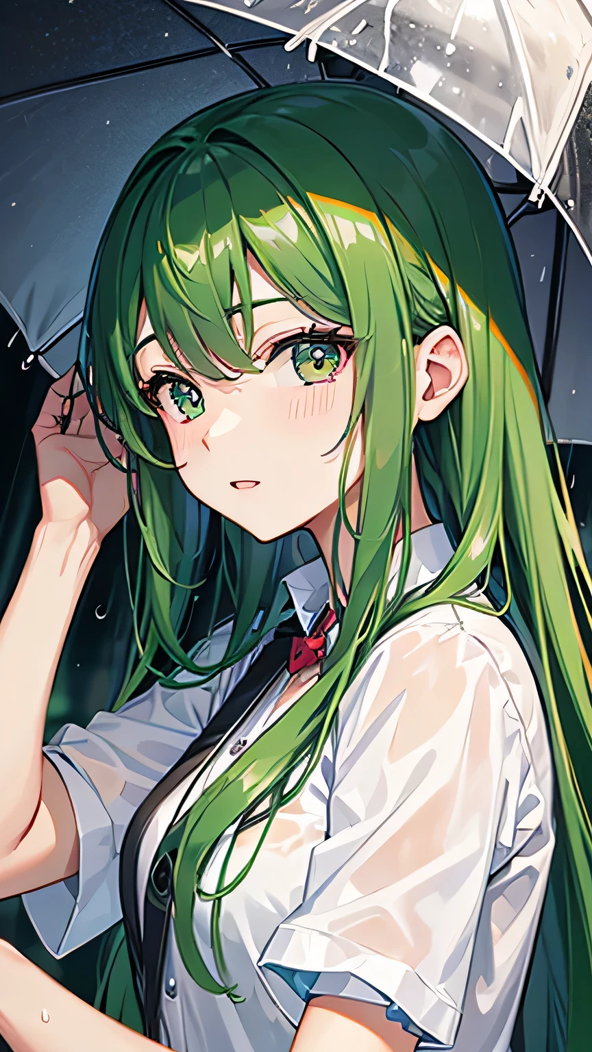 high resolution、high quality、Straight face、woman、outside、rain、豪rain、Wet clothes、looking at the camera、Green Hair