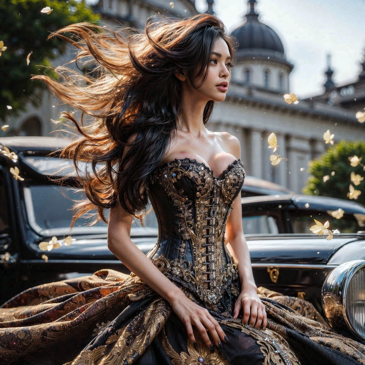 An asian beauty woman fair skin with loose hair, standing on the stairs in the middle of a magical atmosphere, with a predominantly black and red costume, a strapless metalic steampunk tight corset-style dress decorated with bright purple jewels, a short tutu skirt, black thigh-high stockings with lace tops and ornaments purple jewels, white high heels with gold decoration, grand staircase background under mysterious sky full of stars and celestial bodies, crystal detailed, hyper realistic, hyper detail Transparent clothing, Detailed gemstones, masterpiece, best quality:1.2),,(8k,highres,RAW photo,realistic,photo-realistic:1.3),(detailed skin texture,detailed cloth texture, beautiful detailed face:1.25),professional lighting,photon mapping,beautiful soft light,radiosity,physically-based rendering,raytracing, model shoot style, model shoot style, (extremely detailed CG unity 8k wallpaper), full shot body photo of the most beautiful artwork in the world (NSFW), (Nude), (veint tits) (Naked), (Nipple) (pussy) (small pussy) (tight pussy) (tight metalic steel corset)