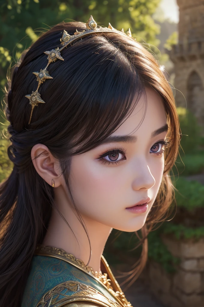 a 20 years old japanese girl,dragonquest sage,beautiful detailed eyes,beautiful detailed lips,extremely detailed face and eyes,long eyelashes,fantasy,medieval,magic,medieval castle,landscape,art,digital painting,cinematic lighting,vibrant colors,dramatic lighting,realistic,photogenic,masterpiece,4k,best quality