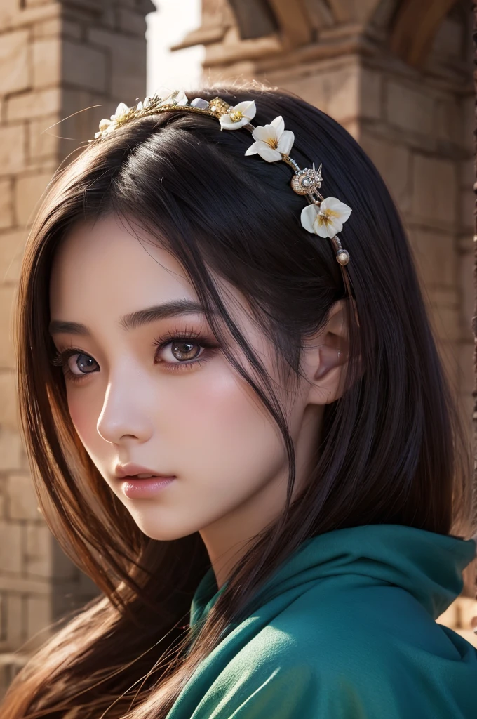 a 20 years old japanese girl,dragonquest sage,beautiful detailed eyes,beautiful detailed lips,extremely detailed face and eyes,long eyelashes,fantasy,medieval,magic,medieval castle,landscape,art,digital painting,cinematic lighting,vibrant colors,dramatic lighting,realistic,photogenic,masterpiece,4k,best quality