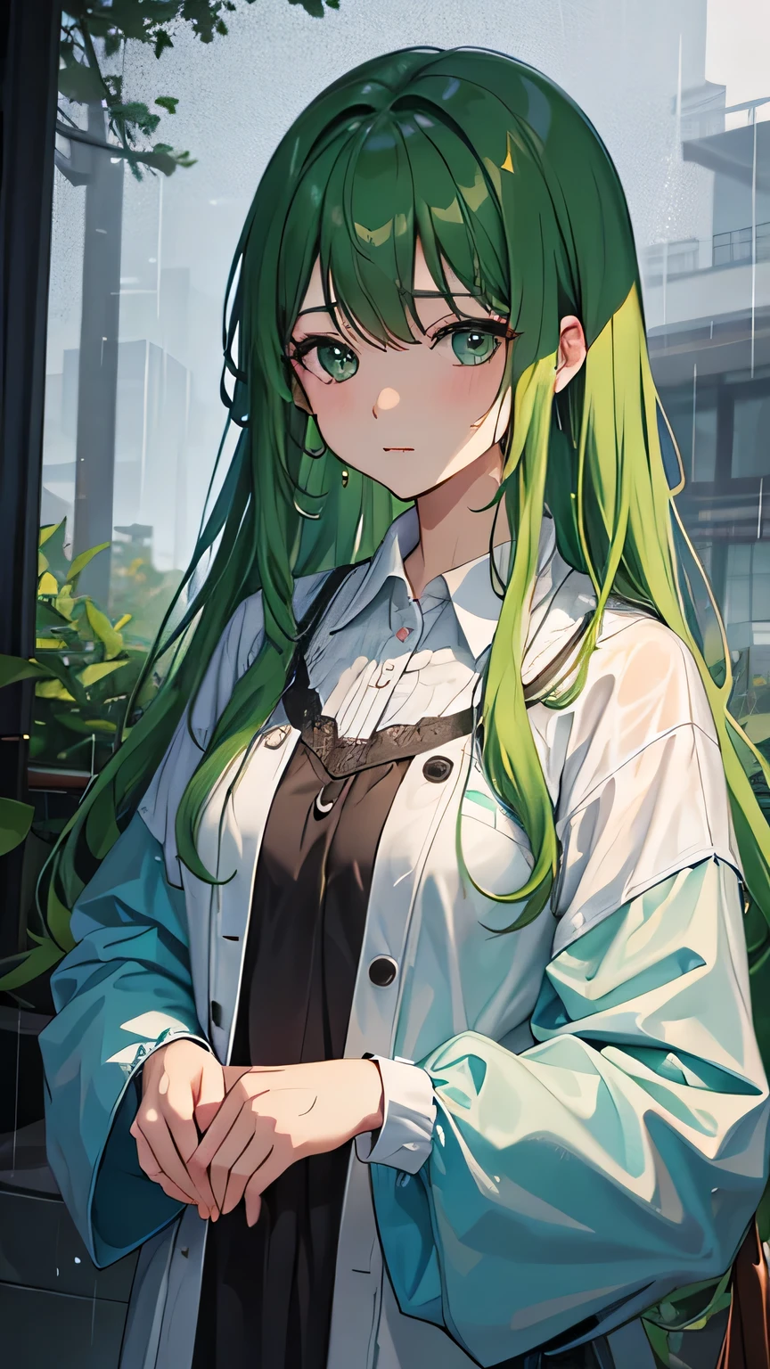high resolution、high quality、Straight face、woman、outside、rain、豪rain、Wet clothes、looking at the camera、Green Hair