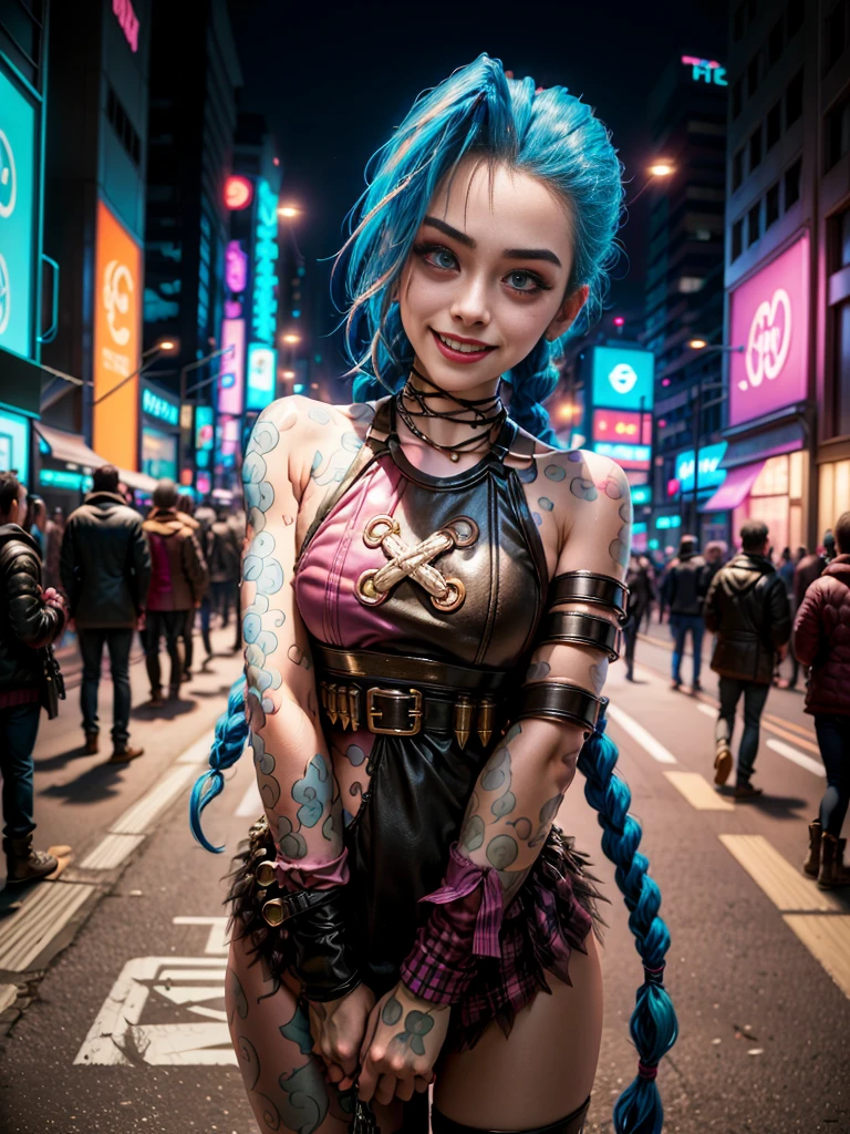((Jinx wears a Harajuku Tech costume), Cowboy-shot, wind, tousled hair, cyberpunk cityscape, (Aesthetics and atmosphere:1.2),smiling, Laugh,Super wide shot