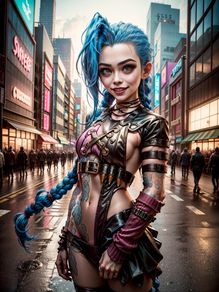 ((Jinx wears a Harajuku Tech costume), Cowboy-shot, wind, tousled hair, cyberpunk cityscape, (Aesthetics and atmosphere:1.2),smiling, Laugh，Super wide shot
