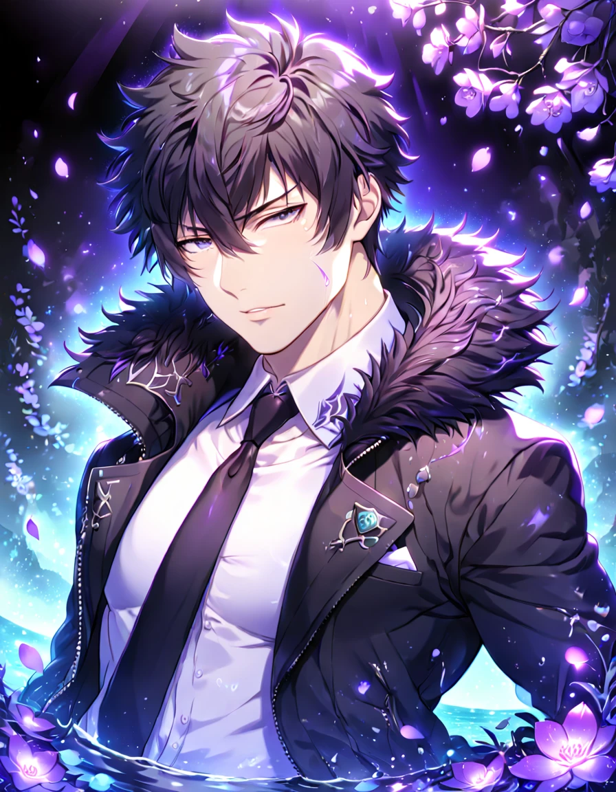 Ultra detailed, HDR, Highres, absurdres, master piece, Kougami Shinya, black hair, expressive gray eyes, black coat with a fur collar, black necktie, white shirt, Psycho Pass, sexy man, handsome, purple flowers, petals, fantasy, magical, purple leaves, handsome, best quality, glittering, manly man, sensual, horny, water, purple shining fireflies,